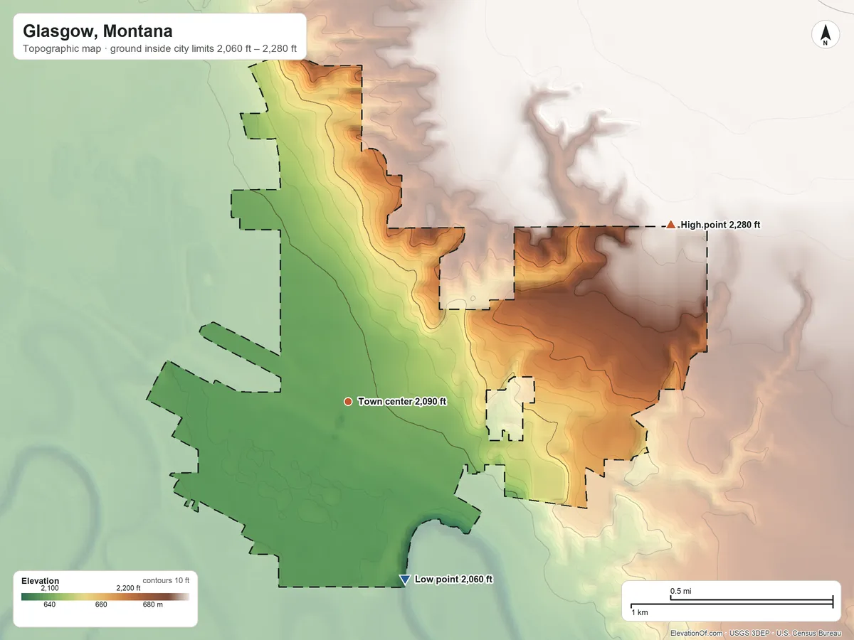 Topographic elevation map of Glasgow, Montana, shaded from 2,060 ft on the south side to 2,280 ft on the northeast side