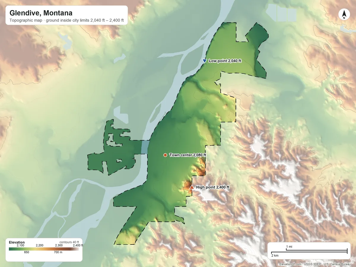 Topographic elevation map of Glendive, Montana, shaded from 2,040 ft on the northeast side to 2,400 ft on the southeast side