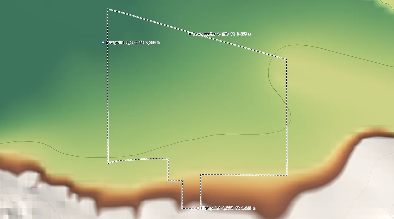 Topographic elevation map of Goldcreek, Montana, shaded from 4,180 ft on the west side to 4,250 ft at the foot of the Garnet Range