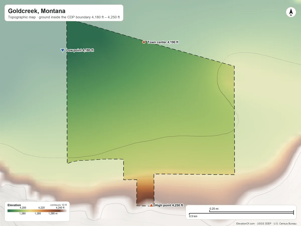 Topographic elevation map of Goldcreek, Montana, shaded from 4,180 ft on the west side to 4,250 ft at the foot of the Garnet Range