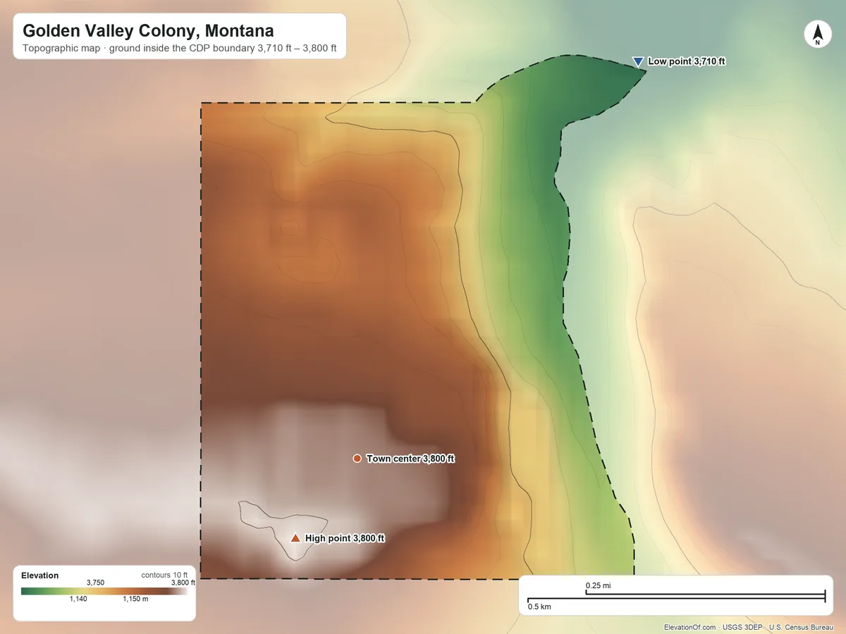 Topographic elevation map of Golden Valley Colony, Montana, shaded from 3,710 ft on the northeast side to 3,800 ft on the southwest side