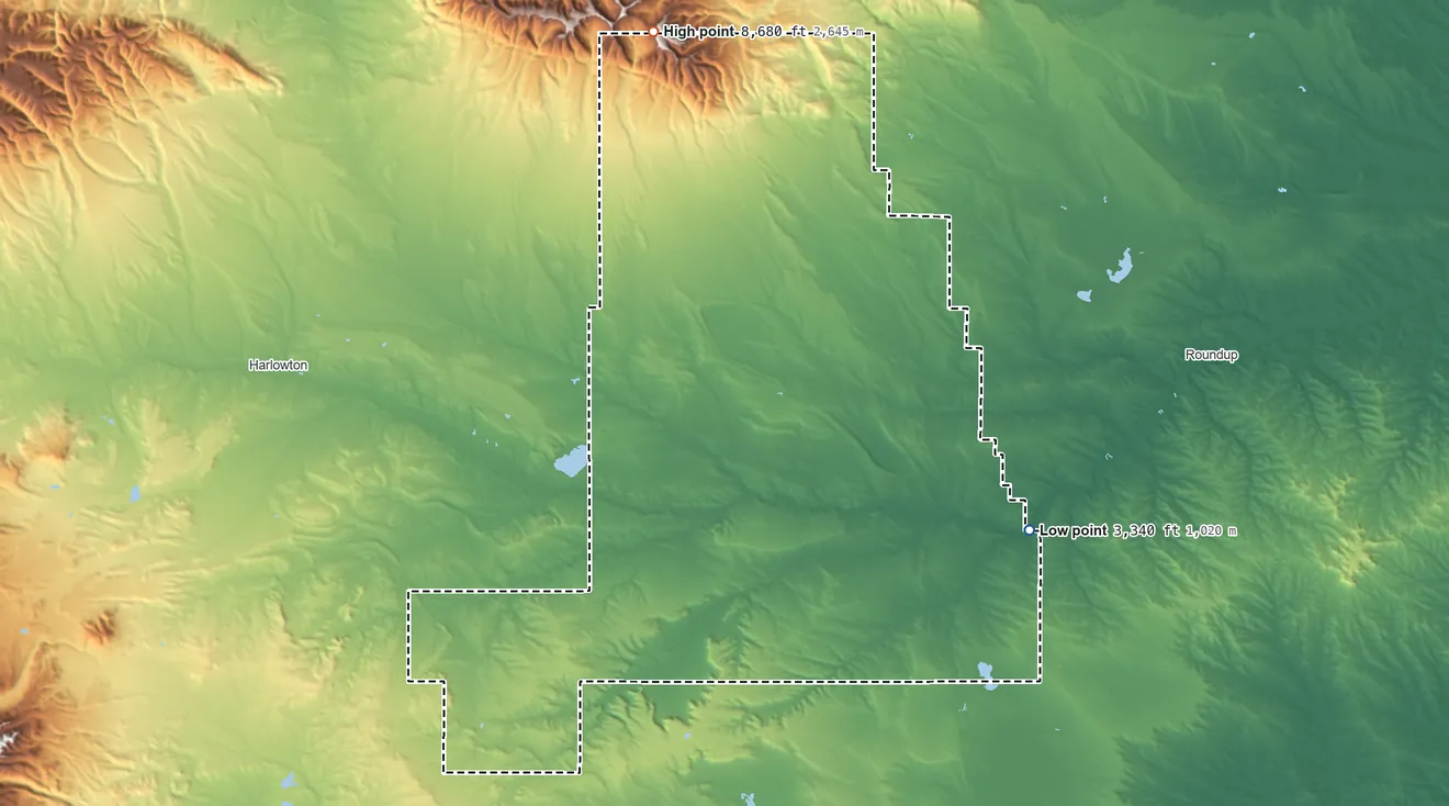 Topographic elevation map of Golden Valley County, Montana, shaded from 3,340 ft on the east side to 8,680 ft on Old Baldy