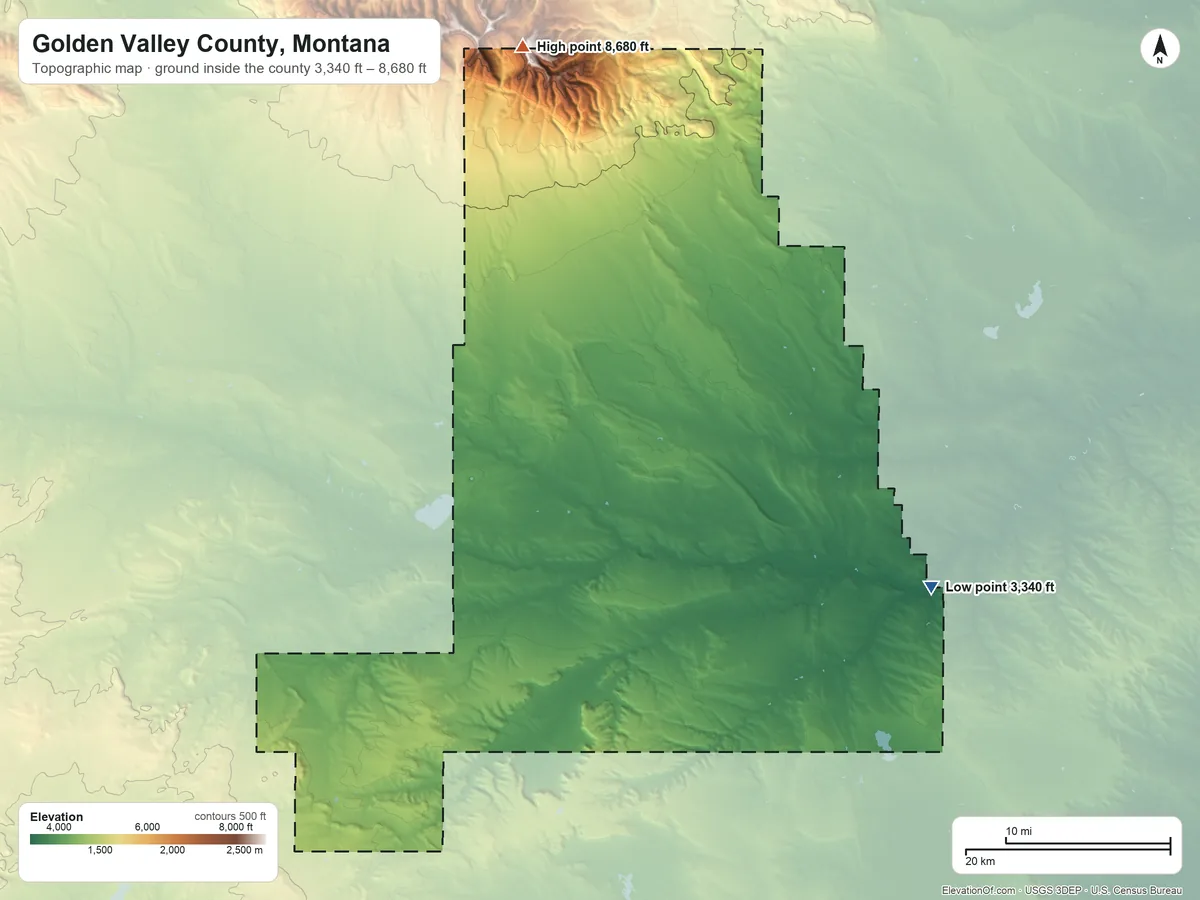 Topographic elevation map of Golden Valley County, Montana, shaded from 3,340 ft on the east side to 8,680 ft on Old Baldy