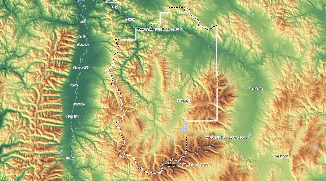 Topographic elevation map of Granite County, Montana, shaded from 3,550 ft on the northwest side to 10,469 ft on Warren Peak