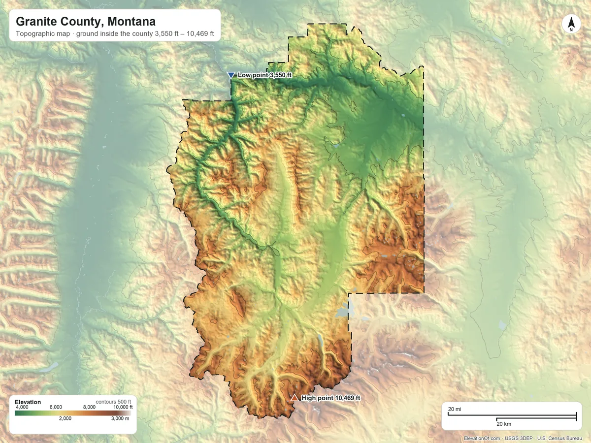 Topographic elevation map of Granite County, Montana, shaded from 3,550 ft on the northwest side to 10,469 ft on Warren Peak