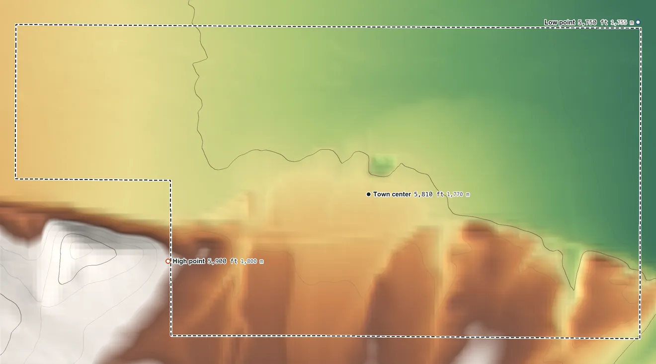 Topographic elevation map of Grant, Montana, shaded from 5,750 ft on the northeast side to 5,900 ft on the west edge, below higher ground just outside