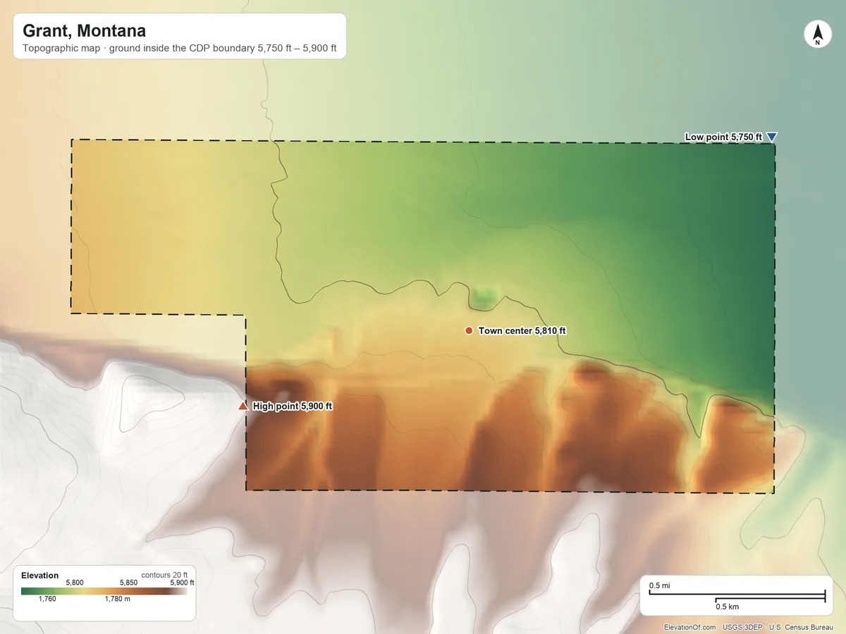 Topographic elevation map of Grant, Montana, shaded from 5,750 ft on the northeast side to 5,900 ft on the west edge, below higher ground just outside