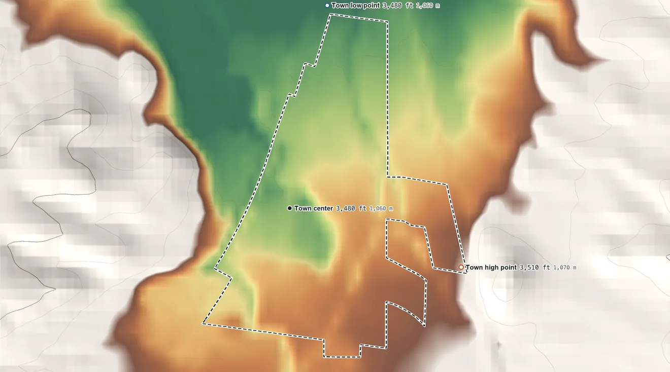 Topographic elevation map of Grass Range, Montana, shaded from 3,480 ft on the north side to 3,510 ft on the east edge, below higher ground just outside