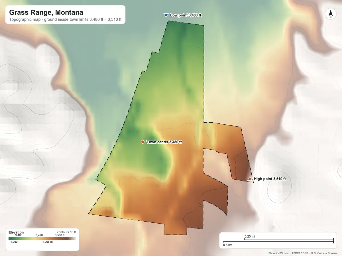 Topographic elevation map of Grass Range, Montana, shaded from 3,480 ft on the north side to 3,510 ft on the east edge, below higher ground just outside
