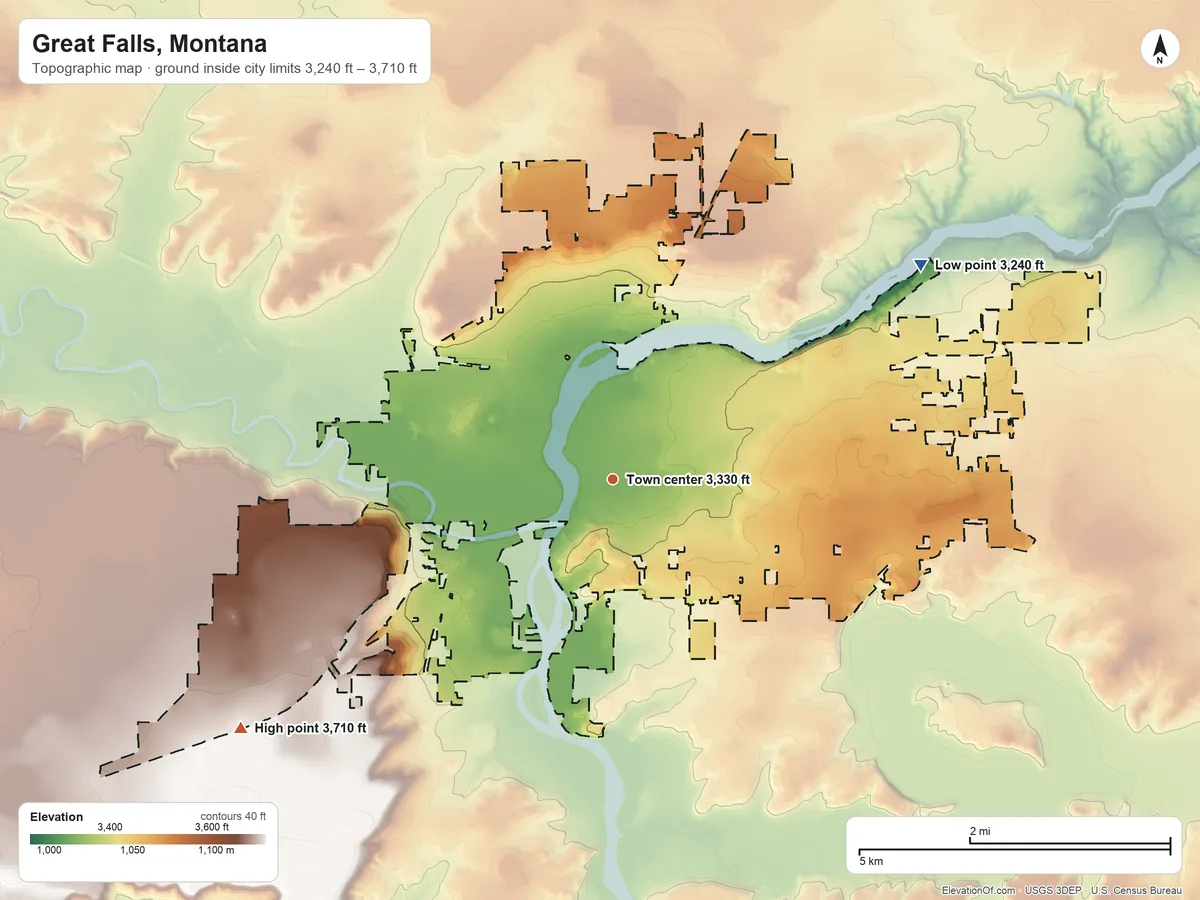 Topographic elevation map of Great Falls, Montana, shaded from 3,240 ft on the northeast side to 3,710 ft on the southwest side