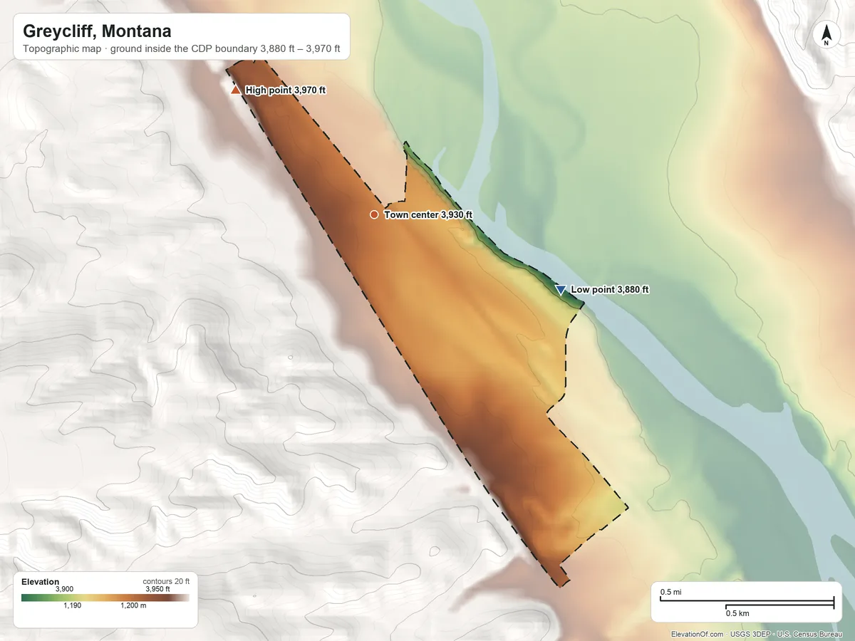 Topographic elevation map of Greycliff, Montana, shaded from 3,880 ft on the east side to 3,970 ft on the northwest edge, below higher ground just outside