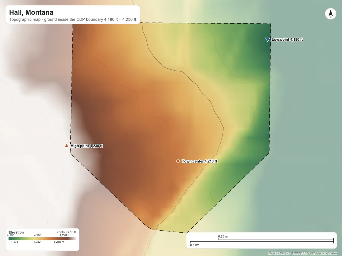 Topographic elevation map of Hall, Montana, shaded from 4,180 ft on the northeast side to 4,230 ft on the west side