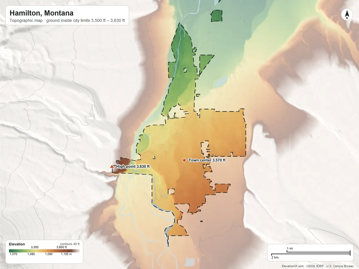 Topographic elevation map of Hamilton, Montana, shaded from 3,500 ft on the north side to 3,630 ft on the west edge, below higher ground just outside