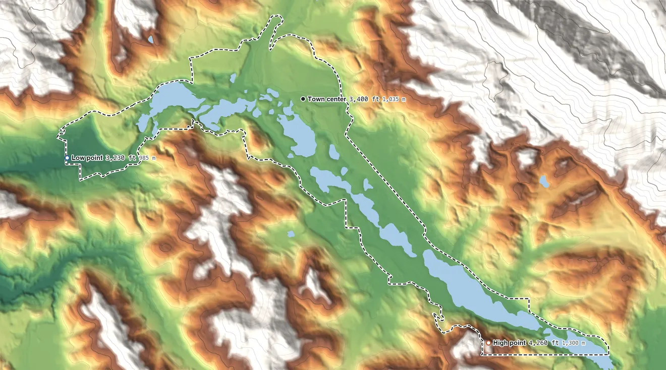Topographic elevation map of Happys Inn, Montana, shaded from 3,230 ft on the west side to 4,260 ft on the southeast edge, below higher ground just outside