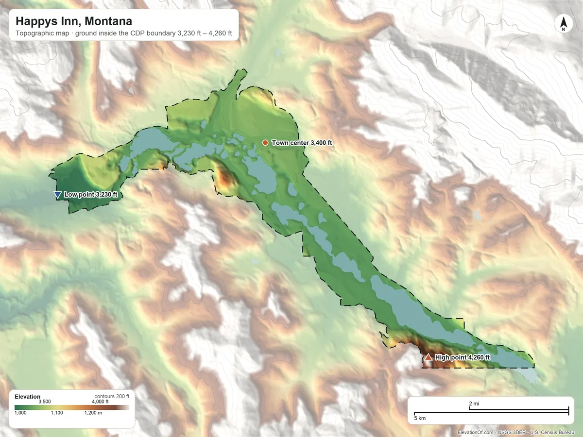 Topographic elevation map of Happys Inn, Montana, shaded from 3,230 ft on the west side to 4,260 ft on the southeast edge, below higher ground just outside