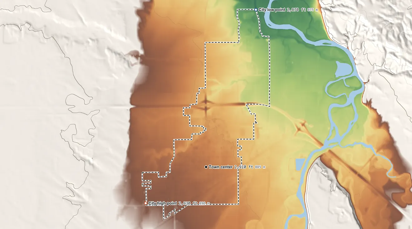 Topographic elevation map of Hardin, Montana, shaded from 2,870 ft on the north side to 2,930 ft on the southwest side