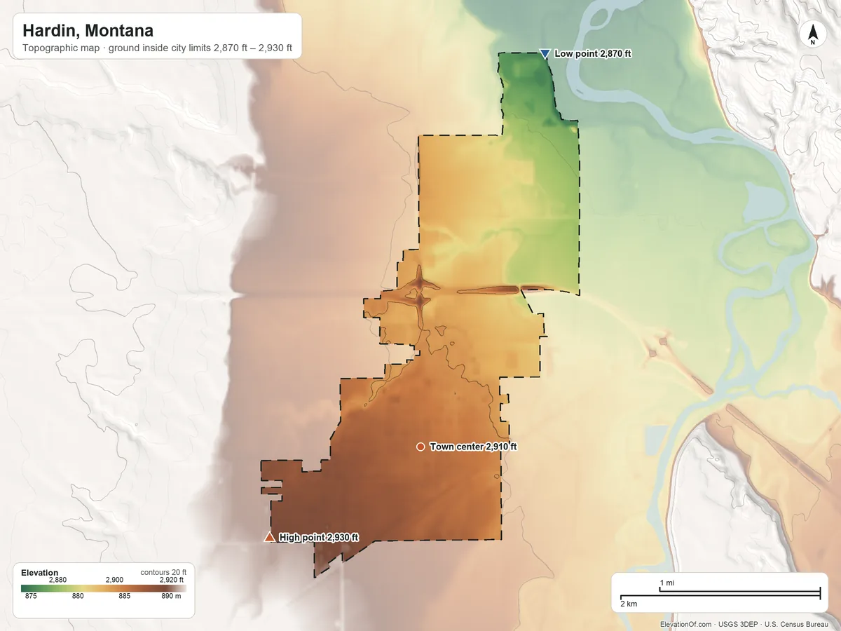 Topographic elevation map of Hardin, Montana, shaded from 2,870 ft on the north side to 2,930 ft on the southwest side