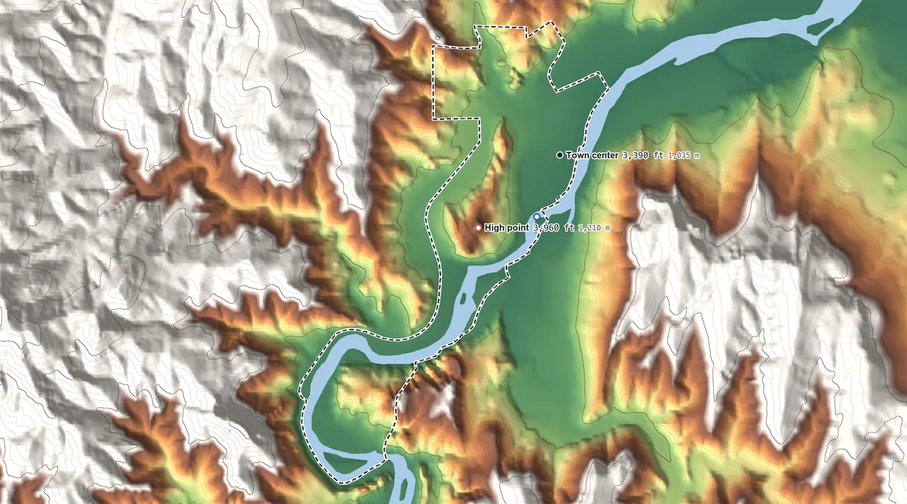 Topographic elevation map of Hardy, Montana, shaded from 3,380 ft on the south side to 3,960 ft at the foot of The Pinnacles