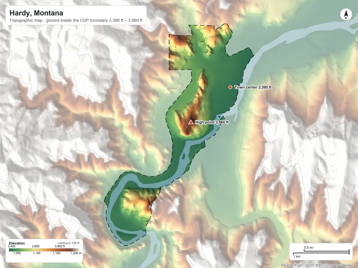 Topographic elevation map of Hardy, Montana, shaded from 3,380 ft on the south side to 3,960 ft at the foot of The Pinnacles