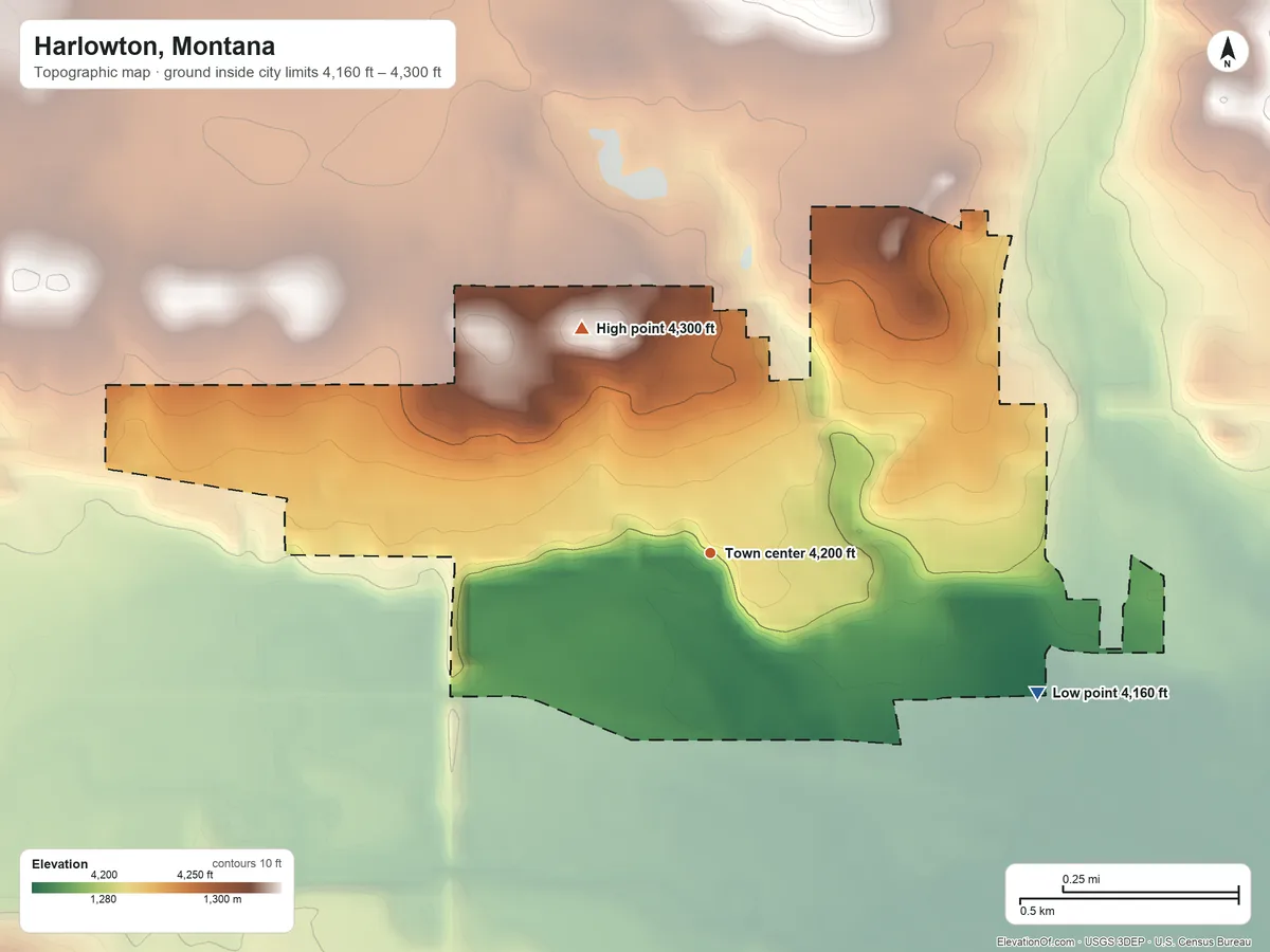 Topographic elevation map of Harlowton, Montana, shaded from 4,160 ft on the southeast side to 4,300 ft on the northwest side