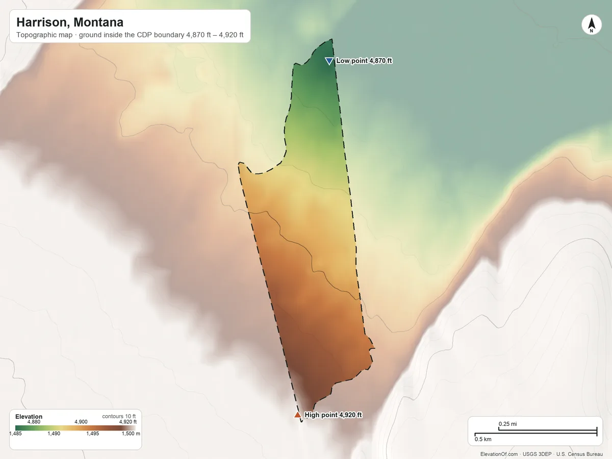 Topographic elevation map of Harrison, Montana, shaded from 4,870 ft on the north side to 4,920 ft on the south side