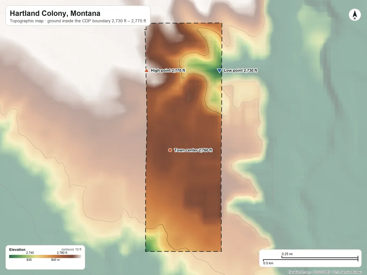 Topographic elevation map of Hartland Colony, Montana, shaded from 2,730 ft on the northeast side to 2,770 ft on the north side