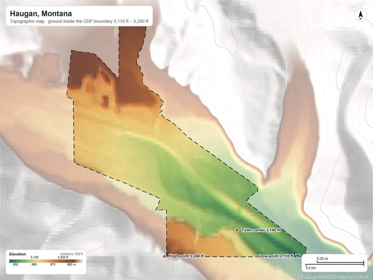 Topographic elevation map of Haugan, Montana, shaded from 3,110 ft on the southeast side to 3,240 ft at the foot of the Coeur d'Alene Mountains