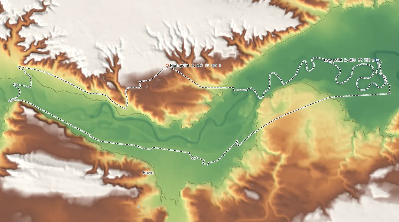 Topographic elevation map of Havre North, Montana, shaded from 2,460 ft on the east side to 2,640 ft on the northwest side
