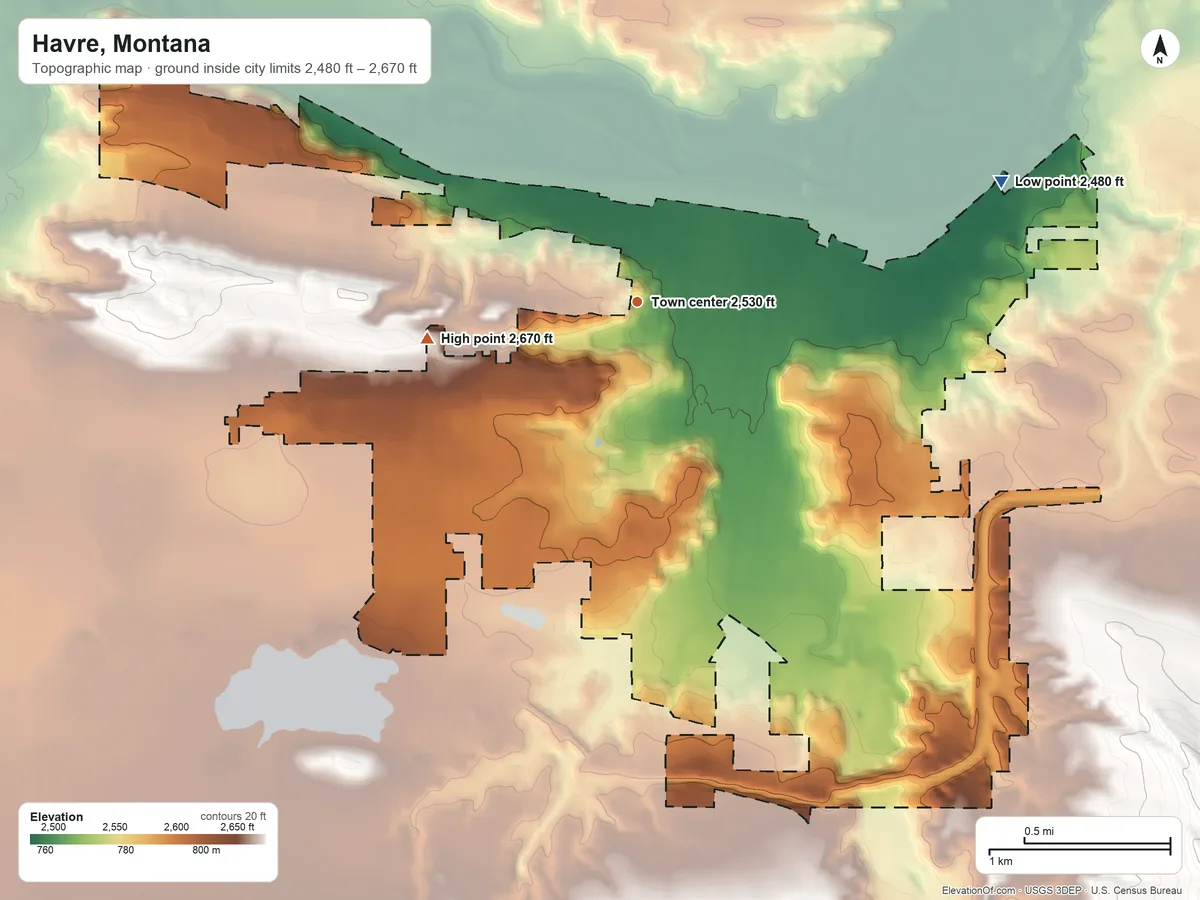 Topographic elevation map of Havre, Montana, shaded from 2,480 ft on the east side to 2,670 ft on the west side