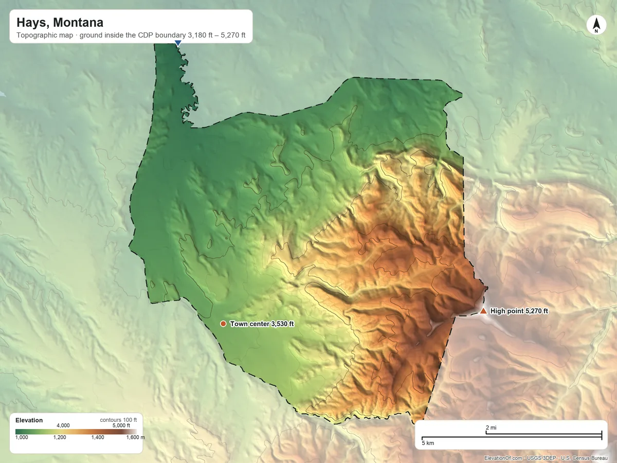 Topographic elevation map of Hays, Montana, shaded from 3,180 ft on the north side to 5,270 ft on the east side