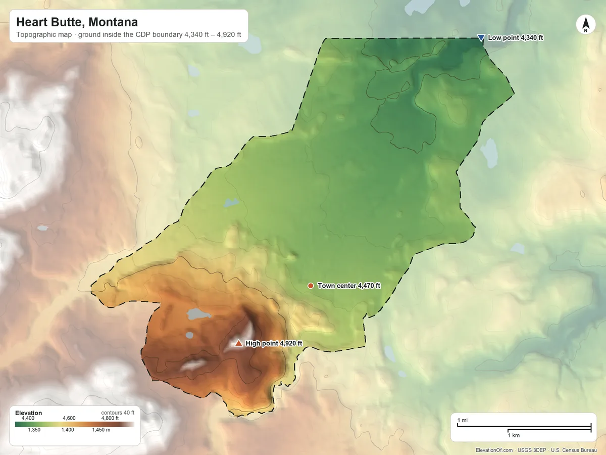 Topographic elevation map of Heart Butte, Montana, shaded from 4,340 ft on the northeast side to 4,920 ft on the southwest edge, below higher ground just outside