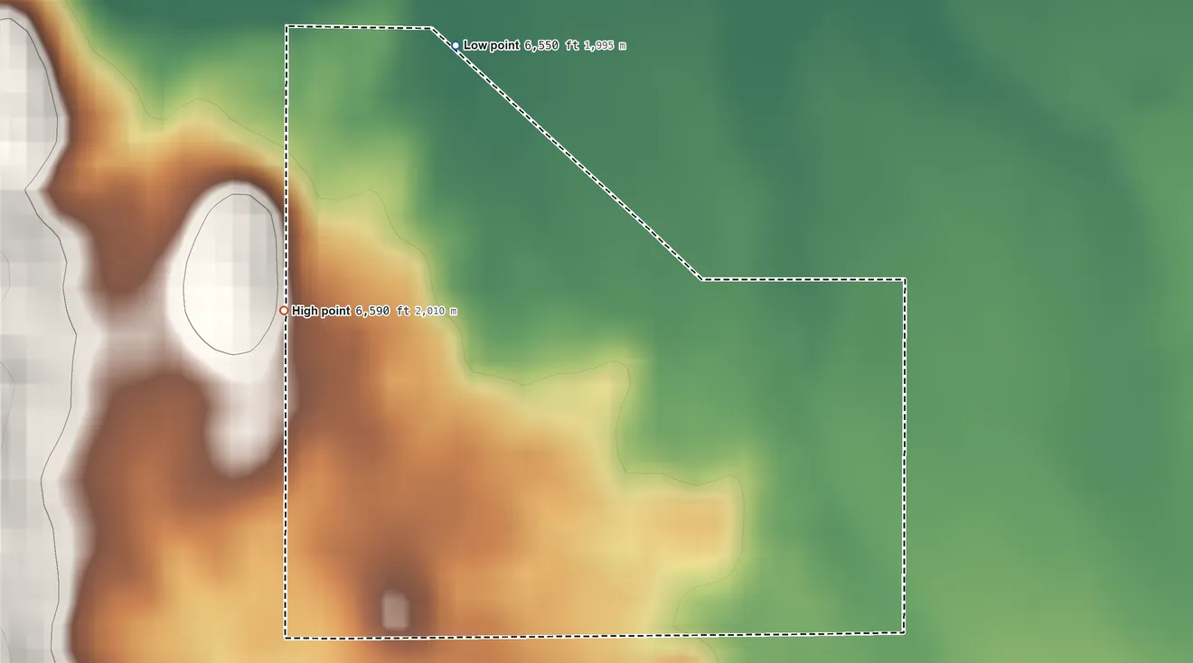 Topographic elevation map of Hebgen Lake Estates, Montana, shaded from 6,550 ft on the north side to 6,590 ft at the foot of the Horn Mountains