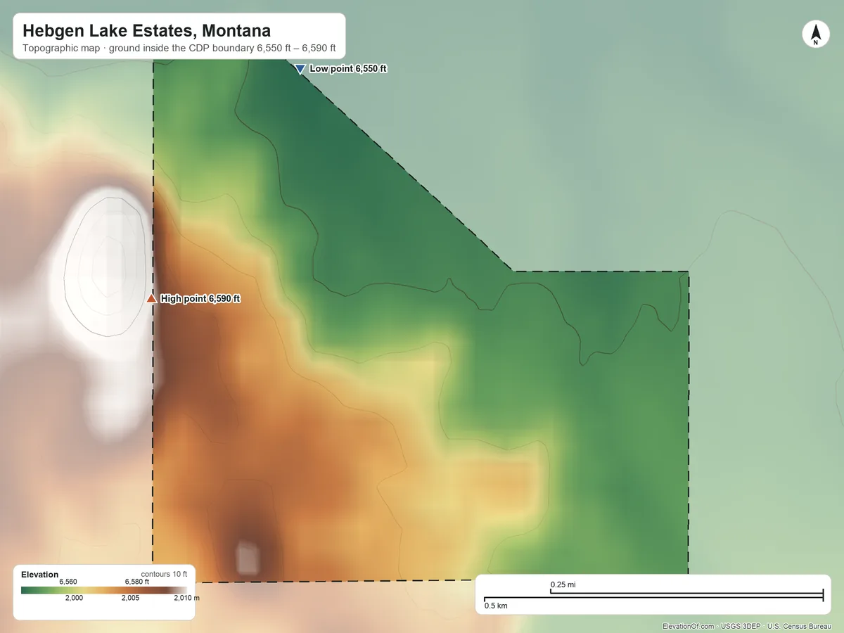 Topographic elevation map of Hebgen Lake Estates, Montana, shaded from 6,550 ft on the north side to 6,590 ft at the foot of the Horn Mountains