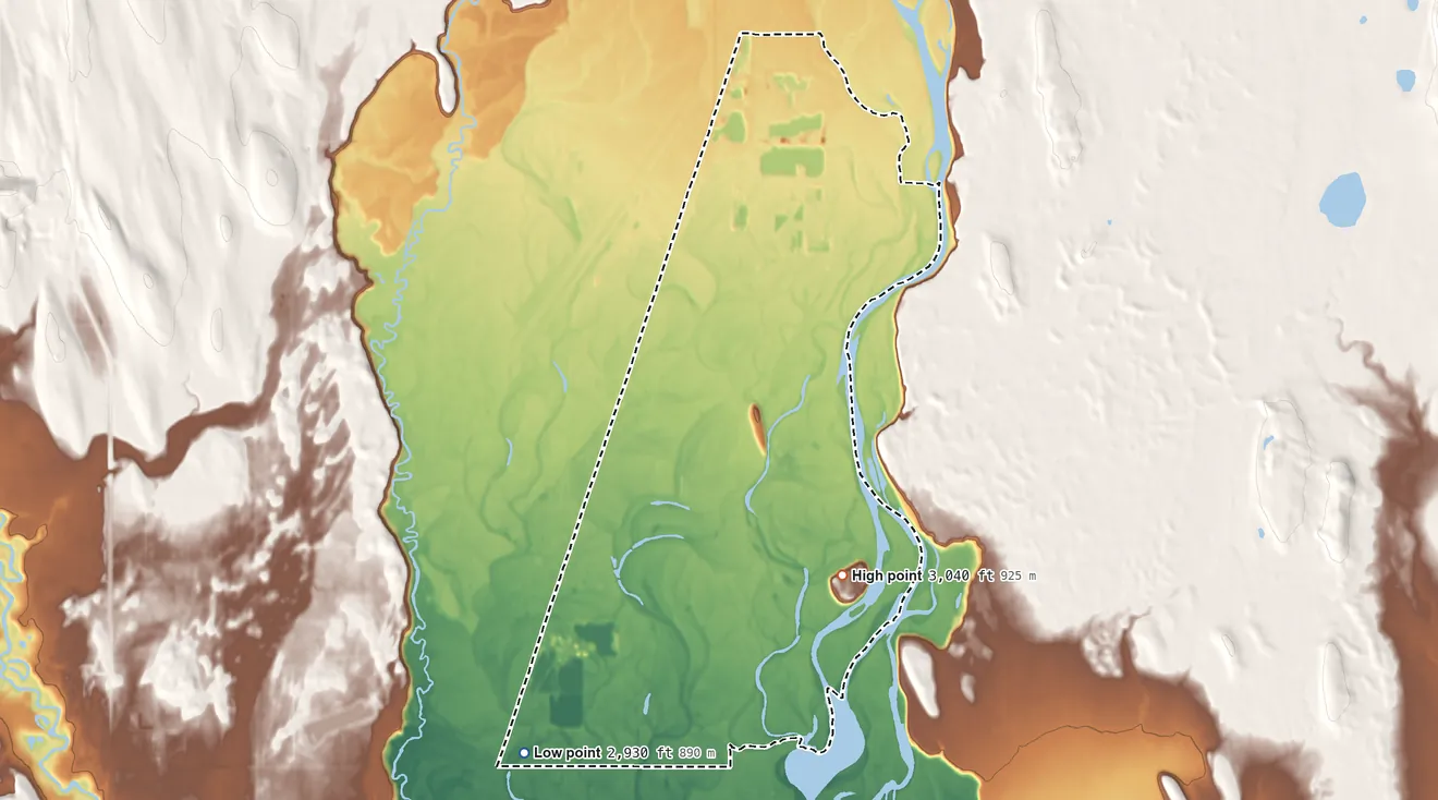 Topographic elevation map of Helena Flats, Montana, shaded from 2,930 ft on the southwest side to 3,040 ft on the east side