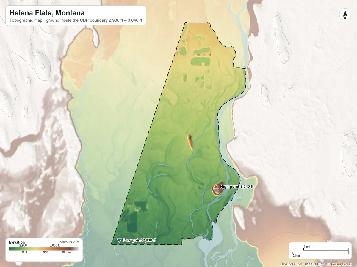 Topographic elevation map of Helena Flats, Montana, shaded from 2,930 ft on the southwest side to 3,040 ft on the east side