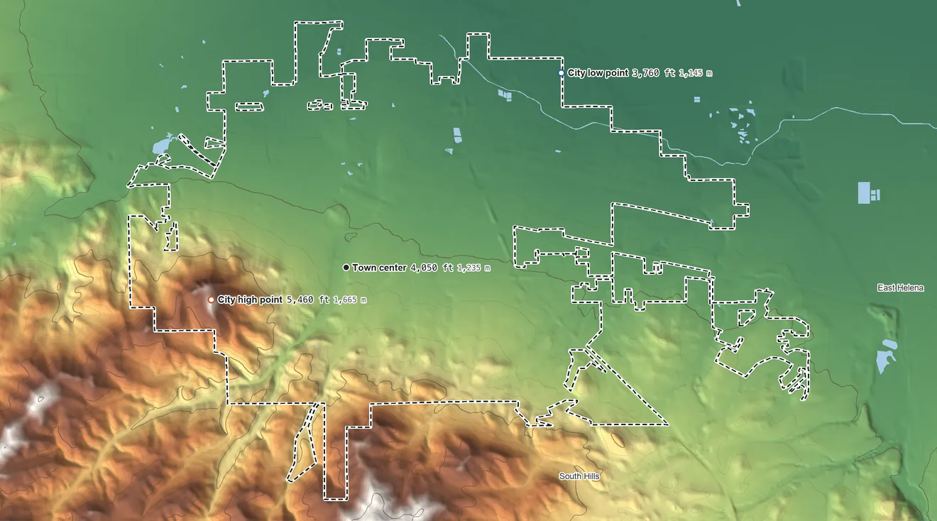 Topographic elevation map of Helena, Montana, shaded from 3,760 ft on the northeast side to 5,463 ft on Mount Helena
