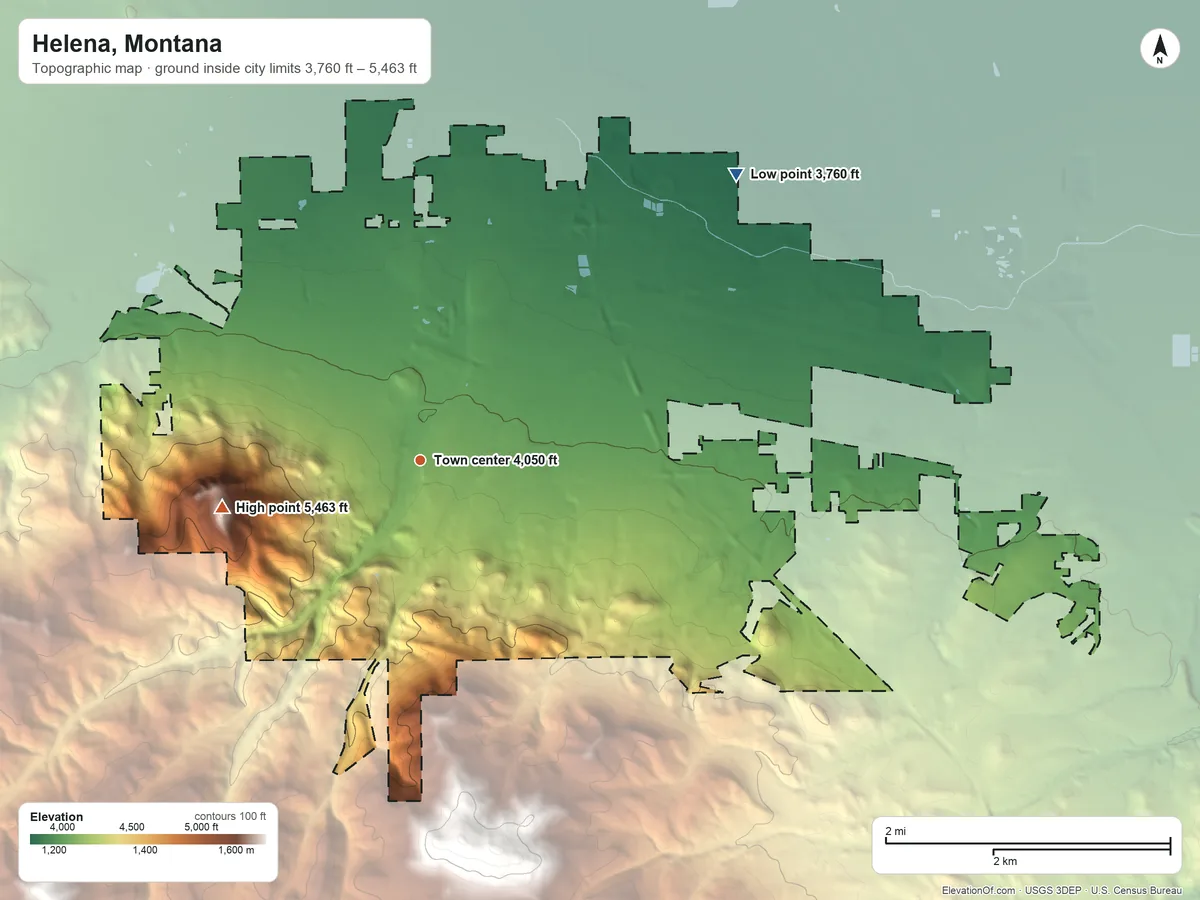 Topographic elevation map of Helena, Montana, shaded from 3,760 ft on the northeast side to 5,463 ft on Mount Helena