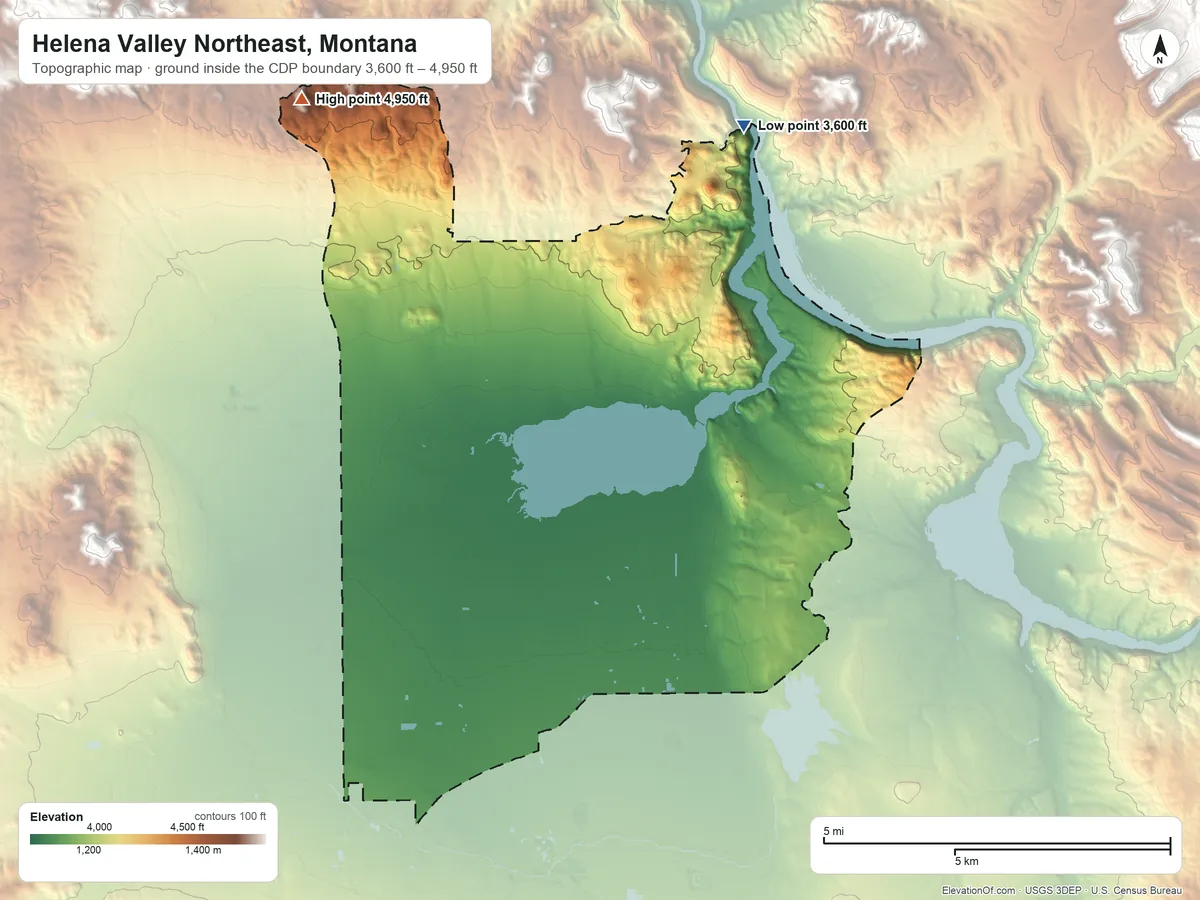 Topographic elevation map of Helena Valley Northeast, Montana, shaded from 3,600 ft on the north side to 4,950 ft on the northwest side