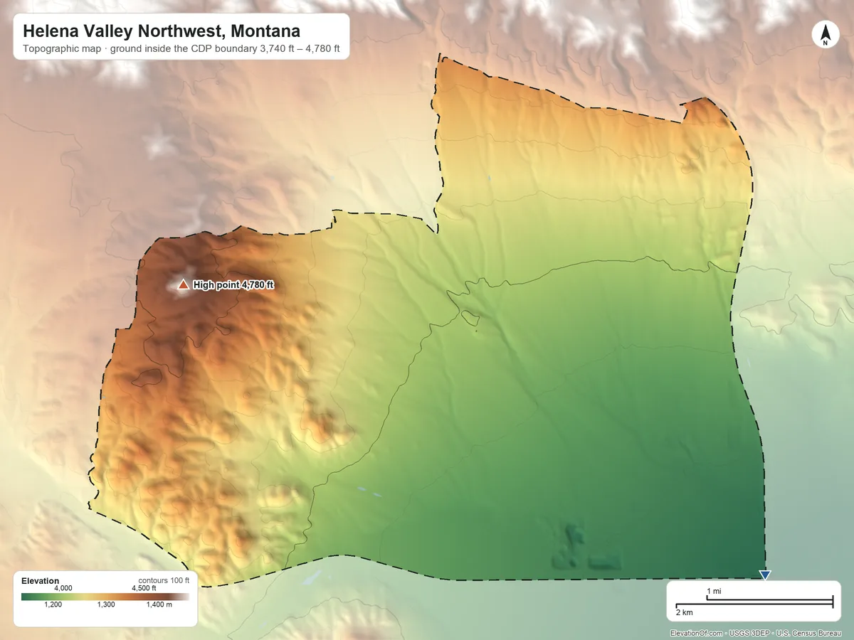 Topographic elevation map of Helena Valley Northwest, Montana, shaded from 3,740 ft on the southeast side to 4,780 ft on the west side