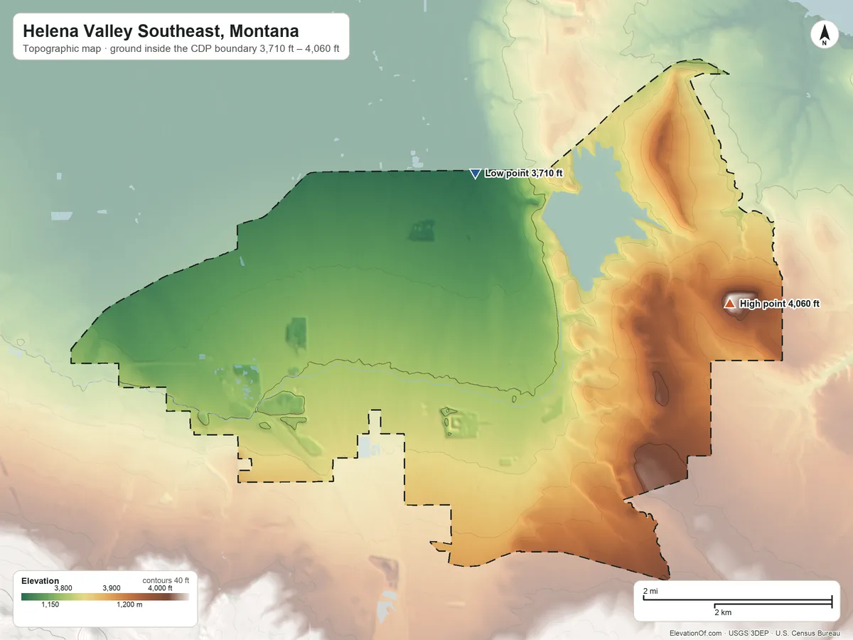Topographic elevation map of Helena Valley Southeast, Montana, shaded from 3,710 ft on the north side to 4,060 ft on the east side