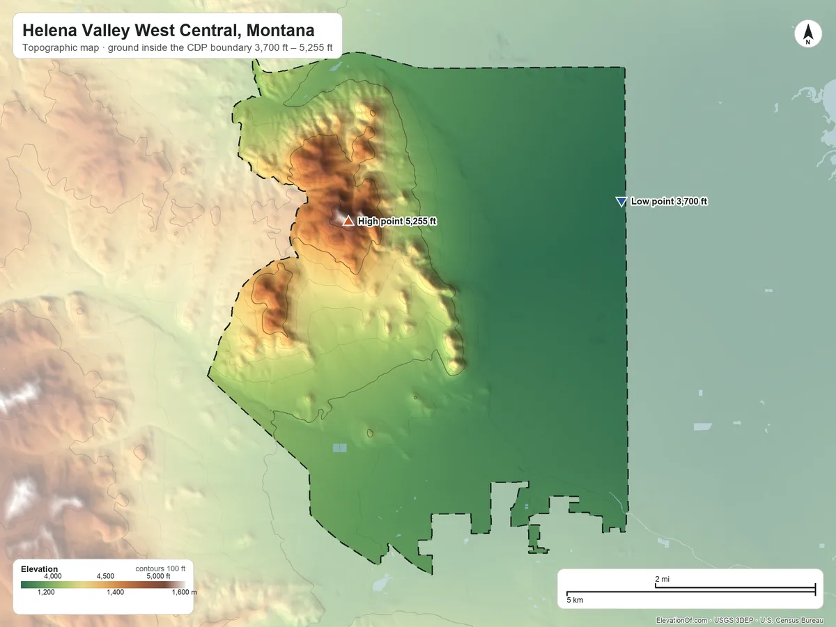Topographic elevation map of Helena Valley West Central, Montana, shaded from 3,700 ft on the northeast side to 5,255 ft on Scratchgravel Hills