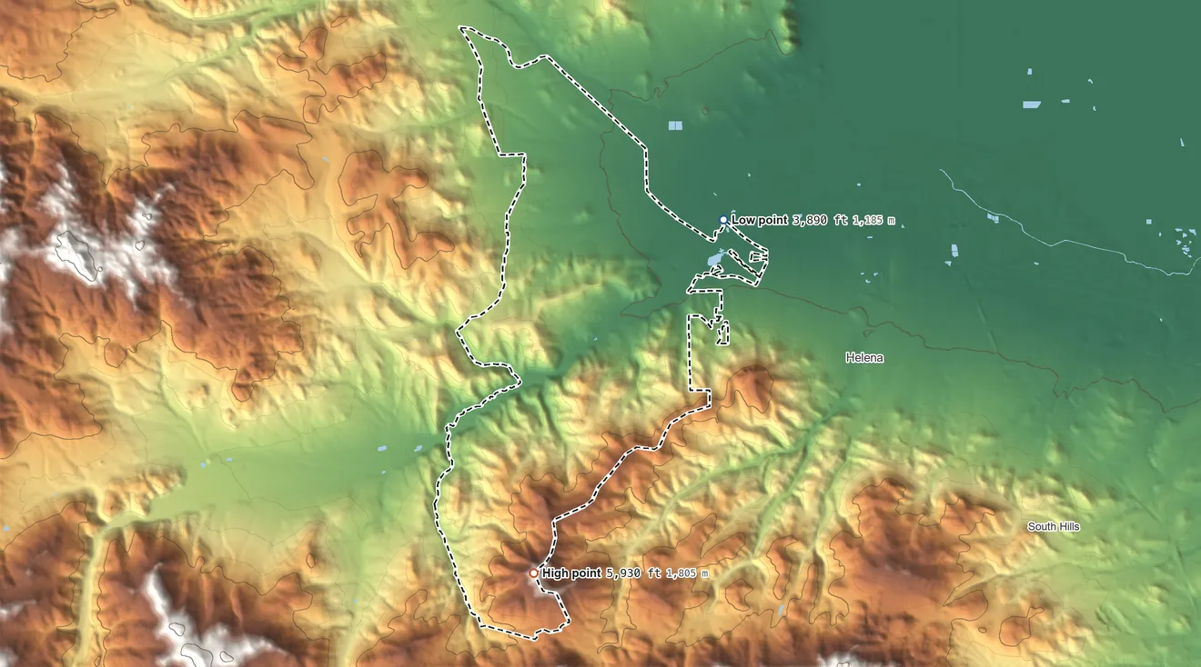 Topographic elevation map of Helena West Side, Montana, shaded from 3,890 ft on the northeast side to 5,930 ft on the south edge, below higher ground just outside