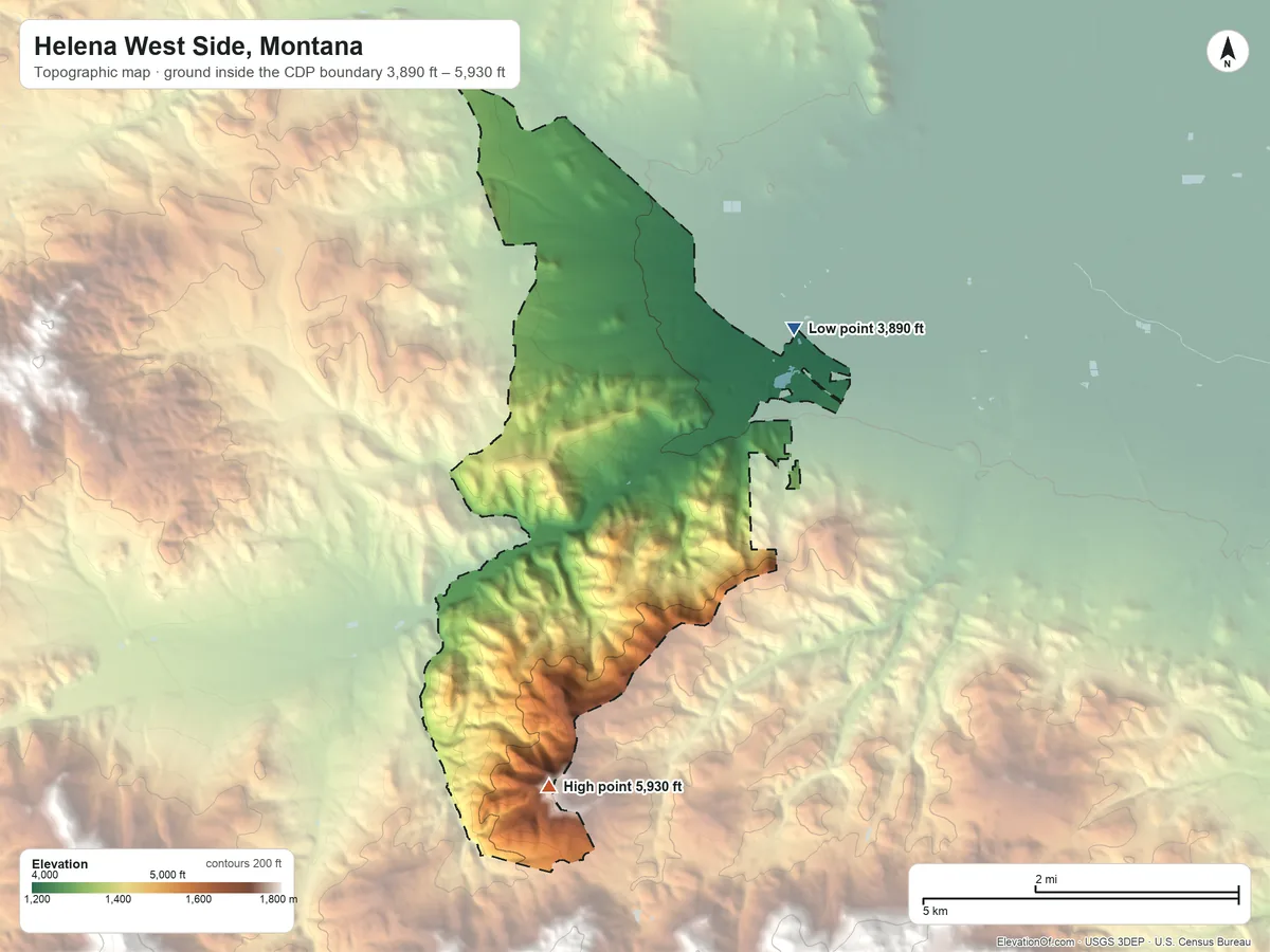 Topographic elevation map of Helena West Side, Montana, shaded from 3,890 ft on the northeast side to 5,930 ft on the south edge, below higher ground just outside