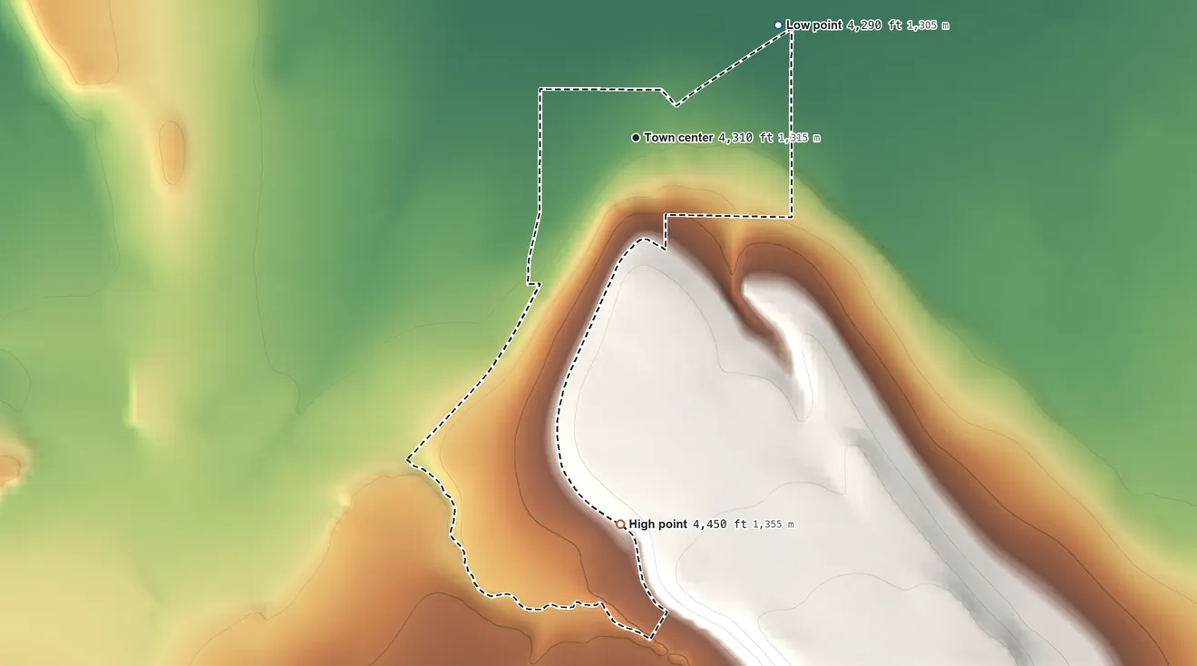 Topographic elevation map of Helmville, Montana, shaded from 4,290 ft on the northeast side to 4,450 ft at the foot of the Garnet Range