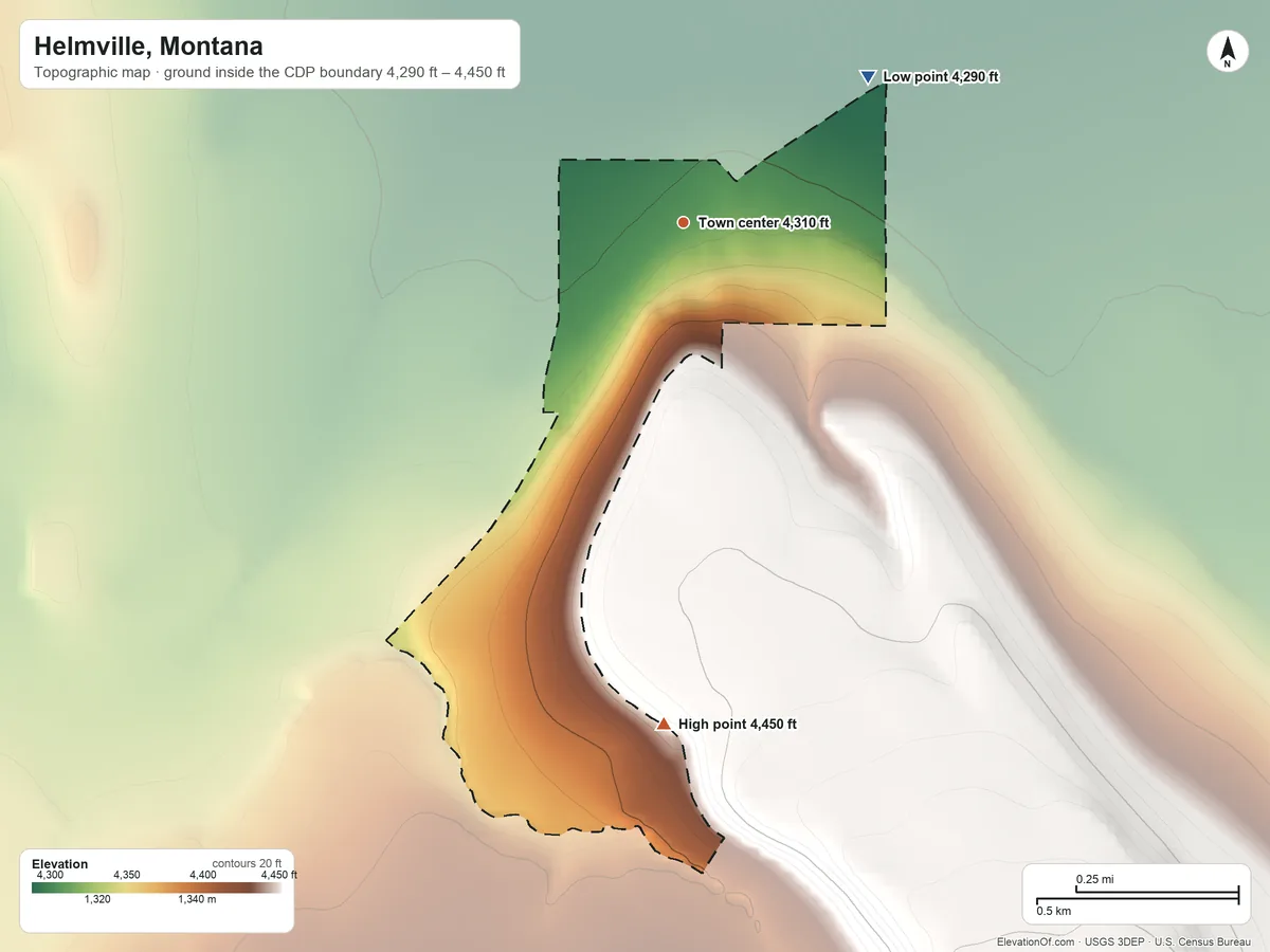 Topographic elevation map of Helmville, Montana, shaded from 4,290 ft on the northeast side to 4,450 ft at the foot of the Garnet Range