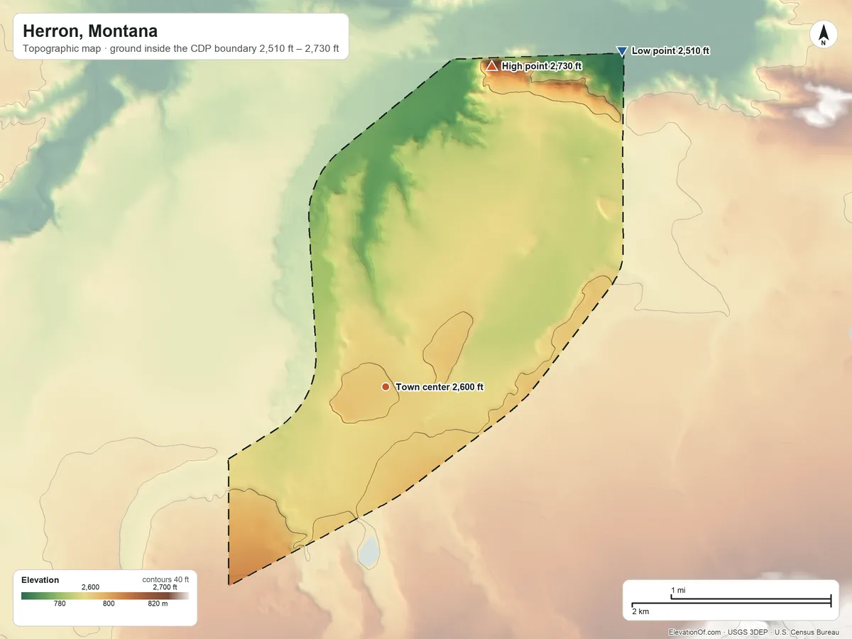 Topographic elevation map of Herron, Montana, shaded from 2,510 ft on the northeast side to 2,730 ft on Black Butte