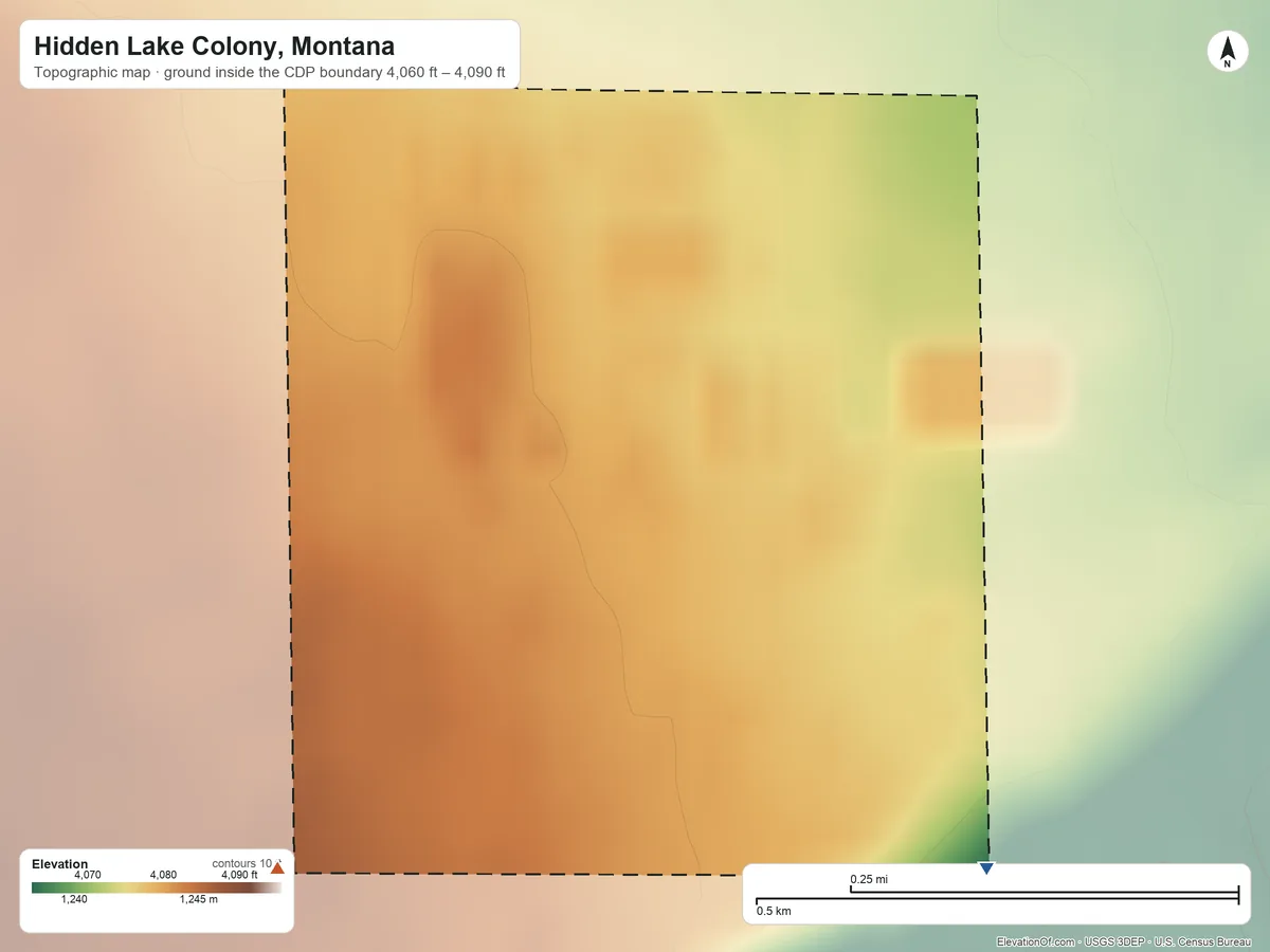 Topographic elevation map of Hidden Lake Colony, Montana, shaded from 4,060 ft on the southeast side to 4,090 ft on the southwest side