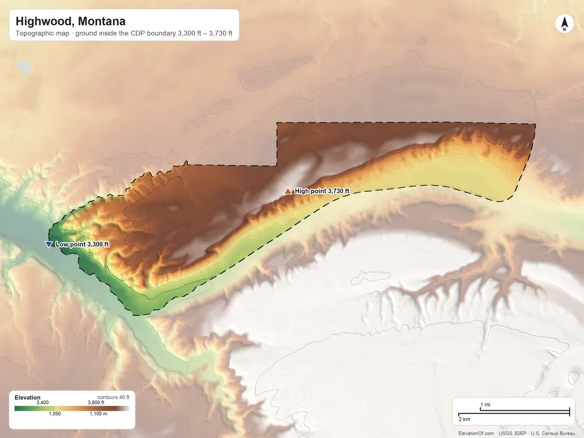 Topographic elevation map of Highwood, Montana, shaded from 3,300 ft on the west side to 3,730 ft on the northeast side