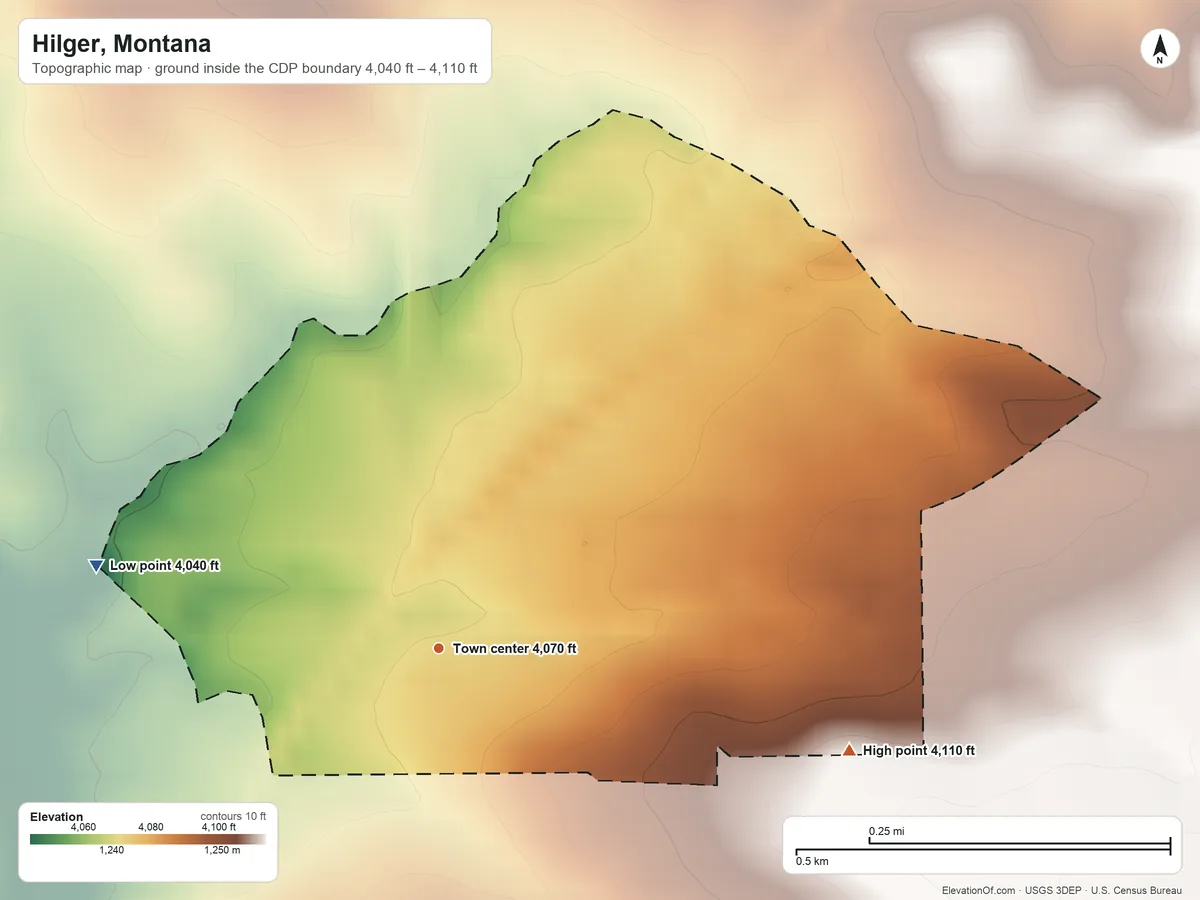Topographic elevation map of Hilger, Montana, shaded from 4,040 ft on the west side to 4,110 ft at the foot of the Judith Mountains