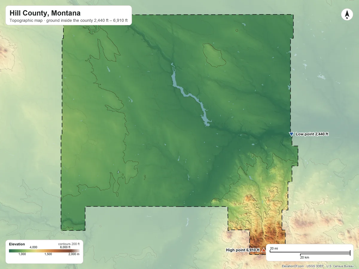 Topographic elevation map of Hill County, Montana, shaded from 2,440 ft on the east side to 6,910 ft on Baldy Mountain